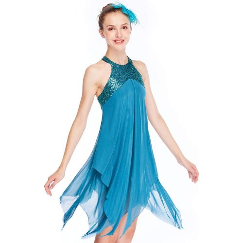  MiDee Lyrical Costume Athletic Dance Dresses Halter Neck 2 Layers A-Line Dress for Girls