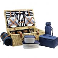 HappyPicnic Large Willow Picnic Basket with Deluxe Service Set for 4 Persons, Natural Wicker Picnic Hamper with Food Cooler, Wine Cooler, Free Fleece Blanket and Tableware - Best Gift for Fath