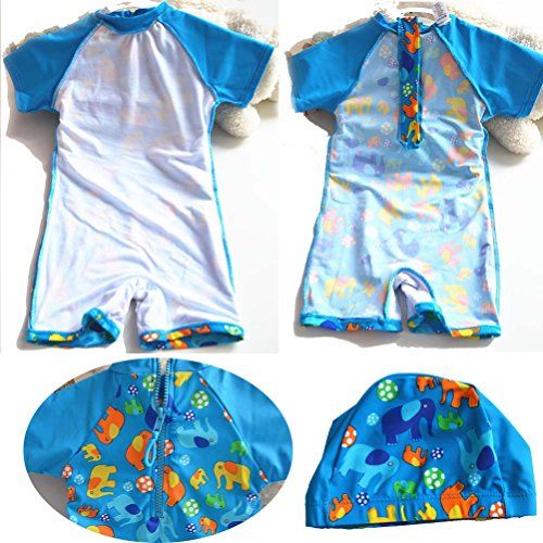  JUIOKK Baby Kids Boys One Pieces Swimsuit with Caps,Short Sleeve Boy-Leg Rash Guard Sun Protective Swimwear Wetsuit