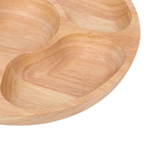  Fdit Wooden Round Shape Food Divided Plate Dessert Snack Sub-grid Dish Tableware Tray Multiple Compartments(25cm)