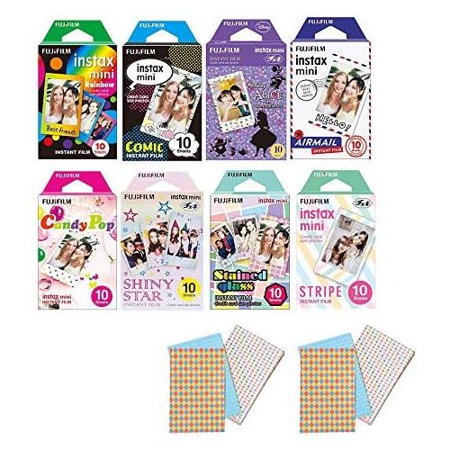 후지필름 Fujifilm Instax Mini Film 8 Pack Bundle! Rainbow, Candy Pop, Stained Glass, Shiny Star, Disney Alice, Comic, Airmail, Stripe 10 X 8 = 80 Sheets Assort Set + Stickers 40 pcs.