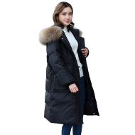 Queenshiny Womens Long Hooded Large Raccoon Fur Collar Warm Winter White Duck Down Coat Jacket