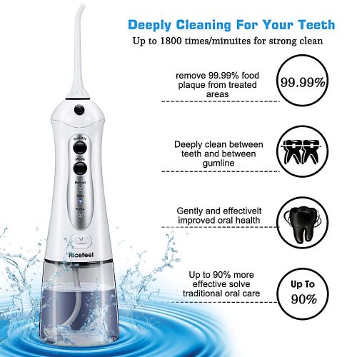  Cordless Water Flosser Oral Irrigator, Nicefeel IPX7 Waterproof 3-Mode USB Rechargable Professinal Portable Water Dental Flosser with 4 Jet Tips for Braces and Teeth Whitening of F