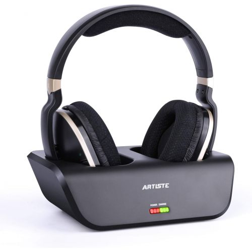  ARTISTE Wireless TV Headphones with Optical for Smart TV, Digital Stereo and 2.4GHz RF Transmitter and Charging Station, 100 foot Range and Rechargeable 20 Hours Battery, Black and