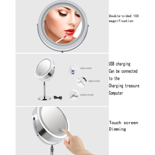 Metcandy USB Charging led Makeup Mirror Double-Sided 10X Desktop Dimmable Creativity Girl Dorm Room Bathroom Dressing Room Beauty Cosmetic Mirror, Silver, 7inch