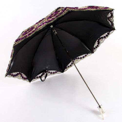  Honeystore Wedding Lace Sun UV Parasol 2 Folding 3D Flower Embroidery Umbrella H7207 Black
