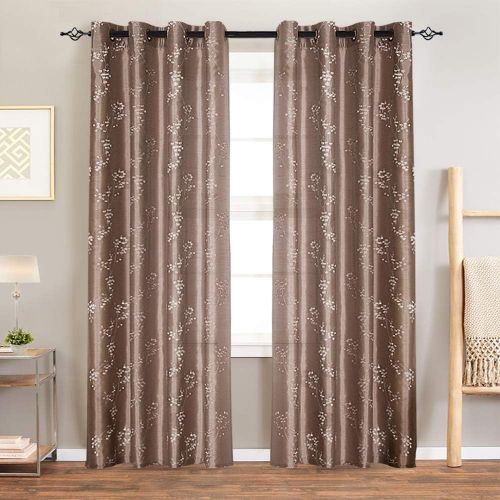  Jinchan Faux Silk Floral Embroidered Grommet Top Curtains for Bedroom Embroidery Curtain for Living Room 84 inches Long, 2 Panels, Burgundy Red