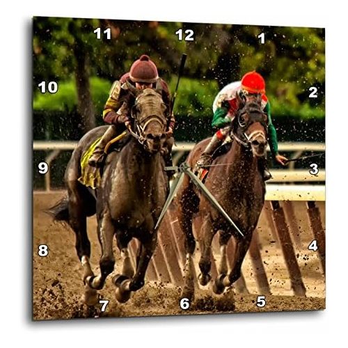  3dRose dpp_98373_2 Two Horses and Jockeys Racing to Finish Line, Mud Flying.-Wall Clock, 13 by 13-Inch
