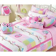 [아마존베스트]Cozy Line Home Fashions Cute Owl Pink Blue Green Birds Print Pattern Bedding Quilt Set, 100% Cotton Reversible Coverlet, Bedspreads (Twin - 2 Piece: 1 Quilt + 1 Standard Sham)