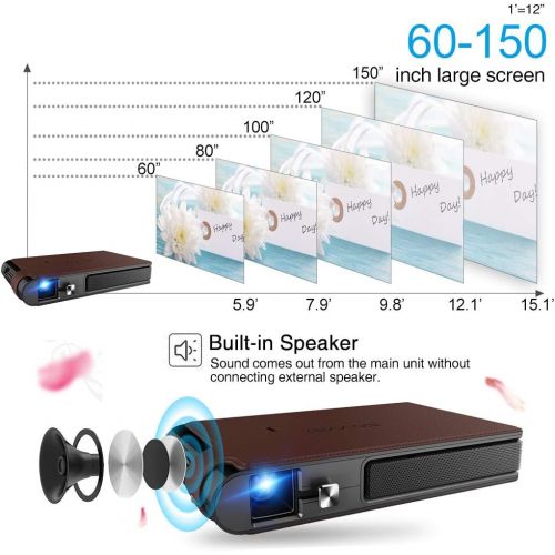  WIKISH Smart Pocket Mini Projector, 1080P WIFI Home Theater Pico Rechargeable Video DLP Projector Support Bluetooth HDMI USB Keystone Correction Bluetooth Built-in Battery Stereo Audio, W