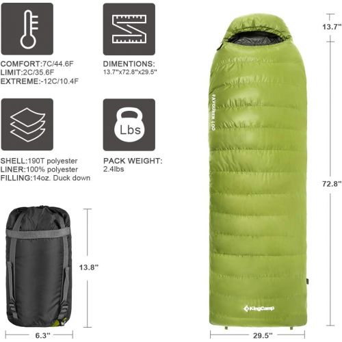  KingCamp Sleeping Bag Envelope Duck Down Ultra Warm Hooded Lightweight Portable Waterproof Comfort With Compression Sack for Winter Backpacking Camping Hiking 10.6F-11.9C