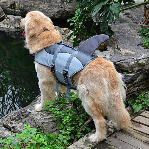  ROZKITCH Albabara Ripstop Adjustable Dog Life Jacket with Rubber Handle Pet Puppy Saver Swimming Water Life Vest Preserver Flotation Aid Buoyancy Fish and Shark Style with fin for Small Med