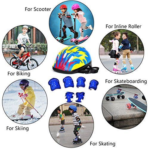  RuiyiF 7Pcs Kids Sports Safety Protective Gear Set, Elbow Pad Knee Pads Wrist Guard Helmet for Scooter Skateboard Skating Blading Cycling Riding - Pattern (Flame) Color Random