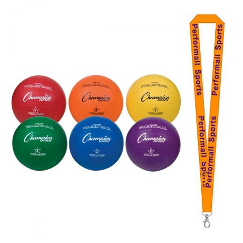  Champion Sports Official Size Rubber Volleyball Set Assorted (Set of 6) Bundle with 1 Performall Lanyard VR4SET-1P