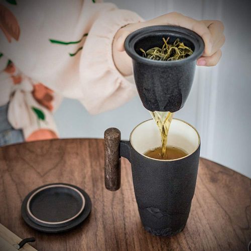  DehuaYao DeahuaYao Ceramic black mug tea cup pot with Wooden handle in 2 Colors with Tea Strainer (Blcak)