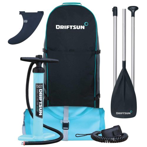  SereneLife Driftsun Cruiser 10 Foot Inflatable Rigid Paddleboard Stand Up SUP Package with Travel Strap, Adjustable Paddle, Coil Leash, 10 Feet Long x 32 Inches Wide, Teal