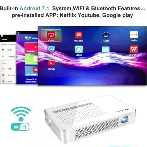  WOWOTO Mini Projector Android 7.1 OS 2GB16GB RAMROM Smart Projector 100 ANSI lm Bluetooth 4.0 WiFi and Keystone Correction Built-in Battery Portable Projector