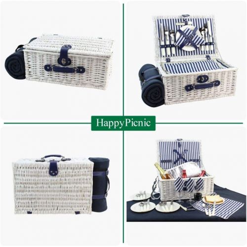  HappyPicnic Picnic Basket Willow for 4 Persons, Large Wicker Hamper Set with Big Insulated Cooler Compartment, Free Fleece Blanket with Waterproof Backing and Cutlery Service Kit- Fashionable