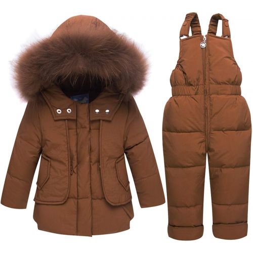  Brand: Staringirl Staringirl 2 Pcs Baby Kids Boys and Girls Winter Warm Hooded Fur Trim Snowsuit Puffer Down Jacket with Ski Bib Pants Clothes