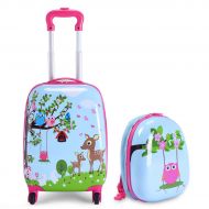 HONEY JOY 2 Pc Kids Luggage, 12’’ 16’’ Carry On Luggage Set with Wheels, Travel Suitcase with Backpack for Boys and Girls (Girls)