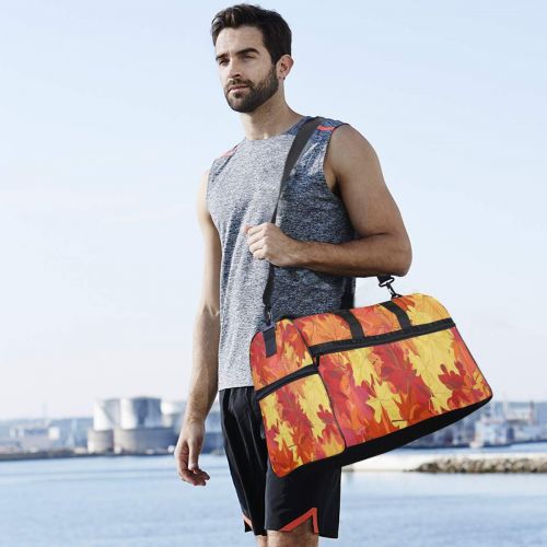  All agree Travel Gym Bag Autumn Maple Leaves Fall Red Orange Weekender Bag With Shoes Compartment Foldable Duffle Bag For Men Women
