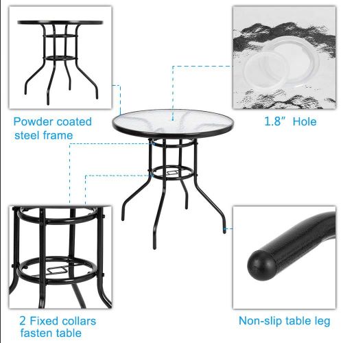  Usshopsksw 31.5? Patio Table Umbrella Stand Table with Tempered Glass Top Metal Frame Outdoor Furniture Garden Poolside Balcony Backyard Dining Bistro Table, Toughened Glass Table (Round)