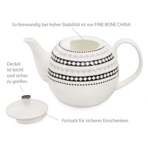  Buchensee Porzellan Kanne 1,5 Liter mit Stoevchen. Elegantes Teeset/Kaffeeset aus Fine Bone China mit stilvollem Rautendekor
