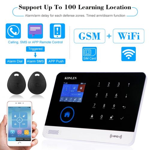  KONLEN Voice LCD WiFi GSM SIM Home Security Alarm System RFID Touch Wireless SMS Call App Alert Android iOS Burglar House Smart DIY Kit with 5 Door 4 PIR Detector