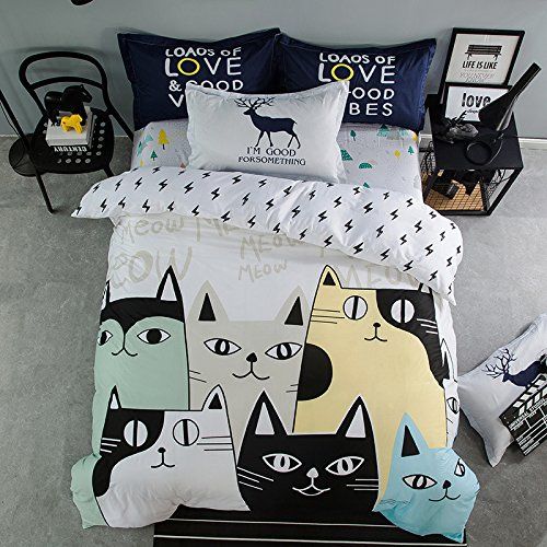  TheFit Paisley Textile Bedding for Teenager Girls and Boy U714 Multi Color and Black Cat Duvet Cover Set 100% Cotton, Twin Queen King Set, 3-4 Pieces (Queen)