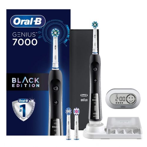  Oral-B 7000 SmartSeries Rechargeable Power Electric Toothbrush with 3 Replacement Brush Heads, Bluetooth Connectivity and Travel Case, Black, Powered by Braun