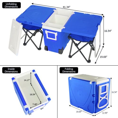  Mokylor Rolling Cooler Picnic Table, Multi Function Portable Warmer with Foldable Table and Stools for Outdoor Picnic Fishing Camping Food Beverage Storage(US Stock)
