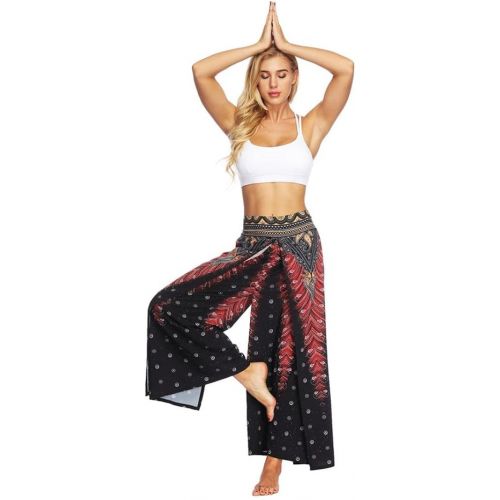  Fanteecy Women Boho Print High Slit Flowy Wide Leg Layered Yoga Pants Aladdin Casual Palazzo Trousers