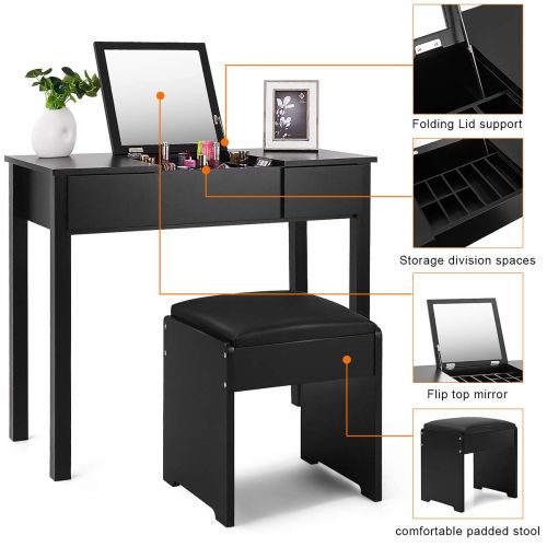 자이언텍스 Giantex Vanity Set with Flip Top Mirror and Cushioned Stool, Makeup Dressing Table Writing Desk with 2 Drawers & 3 Removable Organizers, Makeup Table Set Easy Assembly, Black