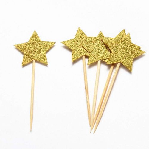  HanYoer 72 pcs Cupcake Toppers, Twinkle Gold Star DIY Glitter Mini Birthday Cake Snack Decorations(Star)
