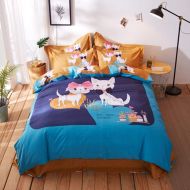 Mbay Cat Duvet Cover Queen Size, Children Girls Cotton Bed Sheet, Winter Warm Orange Blue Bedding, 4pcs