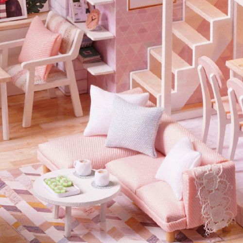  Fesjoy DIY Miniature Loft Dollhouse Kit Realistic Mini 3D Pink Wooden House Room Toy with Furniture LED Lights Christmas Childrens Day Birthday Gift
