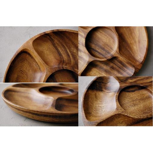  Living Plus Diameter 12 Premium Acacia Wooden 5-Compartment Divided Round Wood Plate Divided Dessert Serving Trays Platters 5 Section