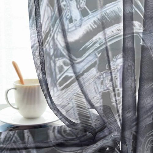  INGBAGS Bedroom Decor Living Room Decorations Retro Motorcycle Pattern Print Tulle Polyester Door Window Gauze  Sheer Curtain Drape Two Panels Set 55x78 inch ,Set of 2