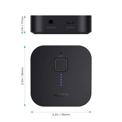  AUKEY Bluetooth 5 Receiver Wireless Audio Music Adapter A2DP with 18 Hours Playtime, Hands-Free Calling and 3.5mm Stereo Jack for Home and Car Audio System (Upgrade)