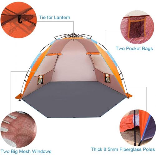  [해상운송]Oileus X-Large 4 Person Beach Tent Sun Shelter - Portable Sun Shade Instant Tent for Beach with Carrying Bag, Stakes, 6 Sand Pockets, Anti UV for Fishing Hiking Camping, Waterproof