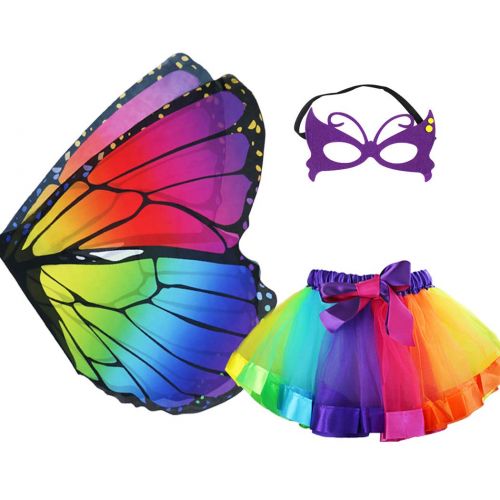  Rainbow Kids Butterfly Wings Costume for Girls Mask Tutu Halloween Dress Up Party (Multicolor)