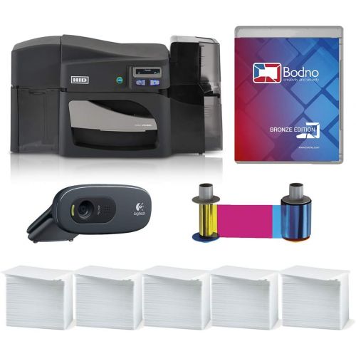  Fargo DTC4500e Dual Sided ID Card Printer & Complete Supplies Package with Silver Edition Bodno ID Software