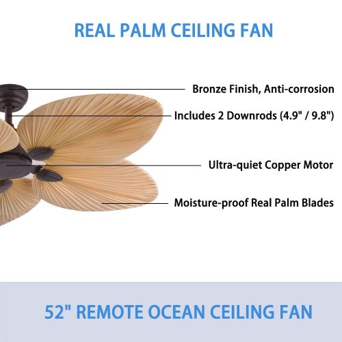  Andersonlight Palm 52-Inch Tropical Ceiling Fan, Five Palm Leaf Blades, Damp Rated, Bronze