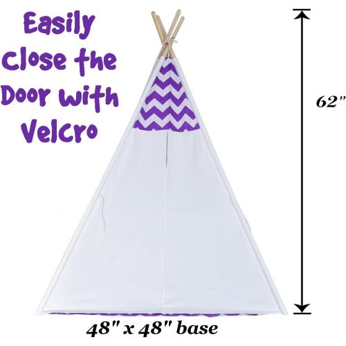  A Mustard Seed Toys Chevron Teepee Tent for Kids - Portable Cotton Canvas Tent with Carrying Case, Makes a Great Indoor Playhouse (Purple)