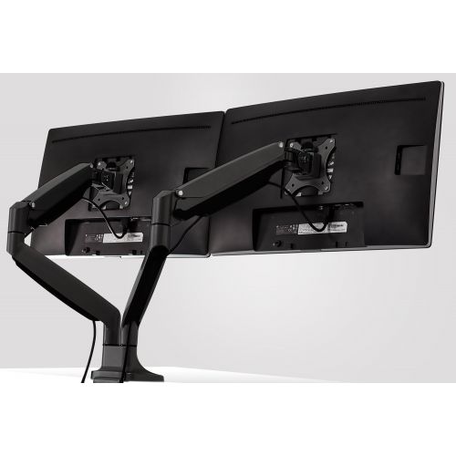  Mount-It! Dual Monitor Arm Mount | Desk Stand | Two Articulating Gas Spring Height Adjustable Arms | Fits 2 x 24 27 29 30 32 Inch VESA 75 100 Compatible Screens | C-Clamp and Gromm