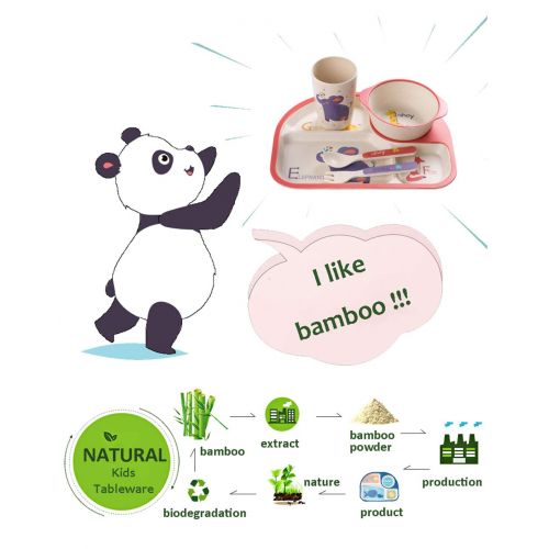  PFLife Bamboo Kids Tableware Set, 5Pcs Dinnerware Set Non Toxic Safe Children Toddler Dishes Divided Toddler Plates with Bib