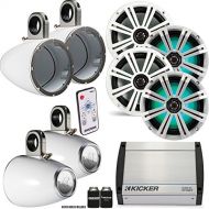 Kicker Marine Tower Bundle 4 8 LED Speakers and Towers in White with 400 Watt Kicker Marine Amp, with LED Controller