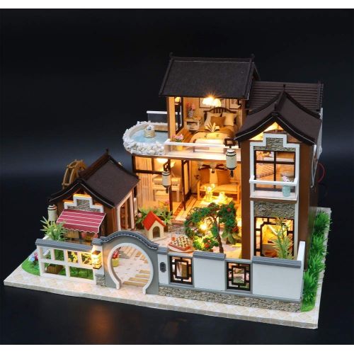  Kisoy Miniature DIY Dollhouse Kit with Furniture Accessories Creative Gift for Lovers and Friends (Dream in Ancient Town) with Dust Proof Cover and Music Movement