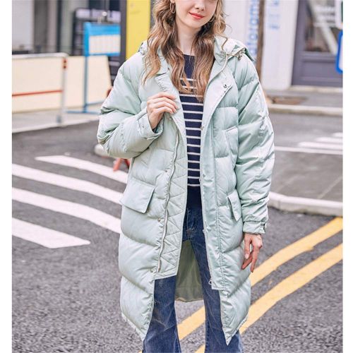 Duck down LQYRF Winter Ladies Long Hooded Loose Zipper Bean Green Thick Down Jacket 76%~80% White Duck Down Polyester