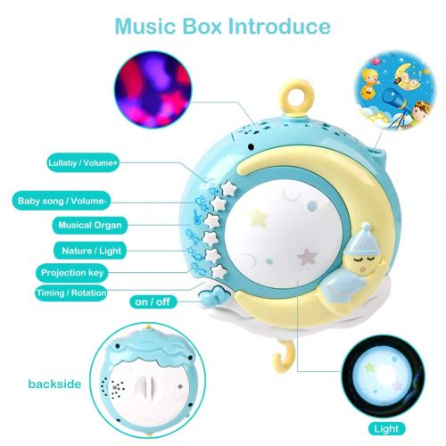  Mini Tudou Baby Musical Crib Mobile with Projection Function and Night Light,Hanging Rotating Teether Rattle and 150 Melodies Music Box with Remote Control,Toy for Newborn 0-24 Months